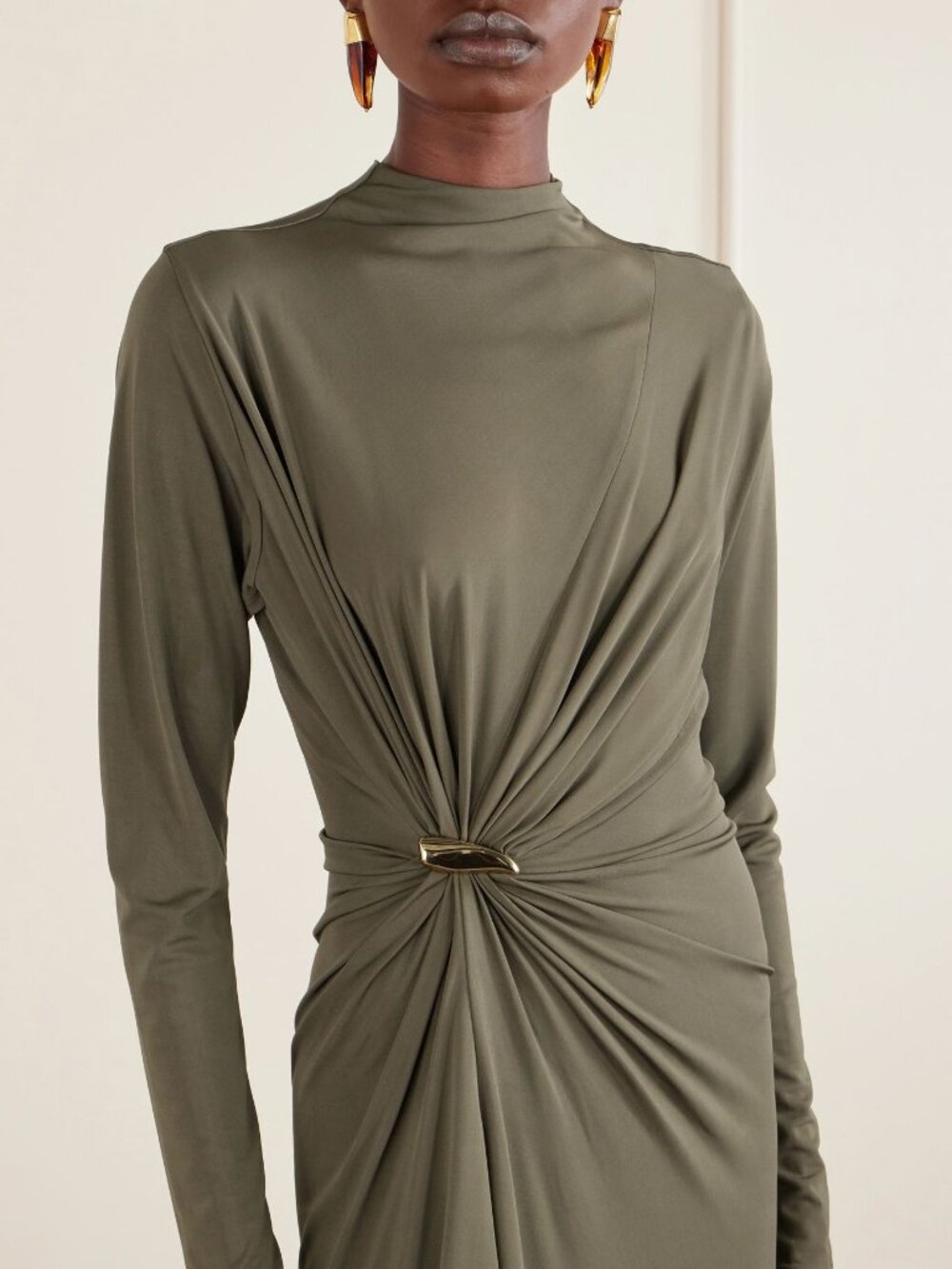 BOTTEGA VENETA Asymmetric embellished gathered khaki maxi dress size IT 42/ US - Picture 3 of 16